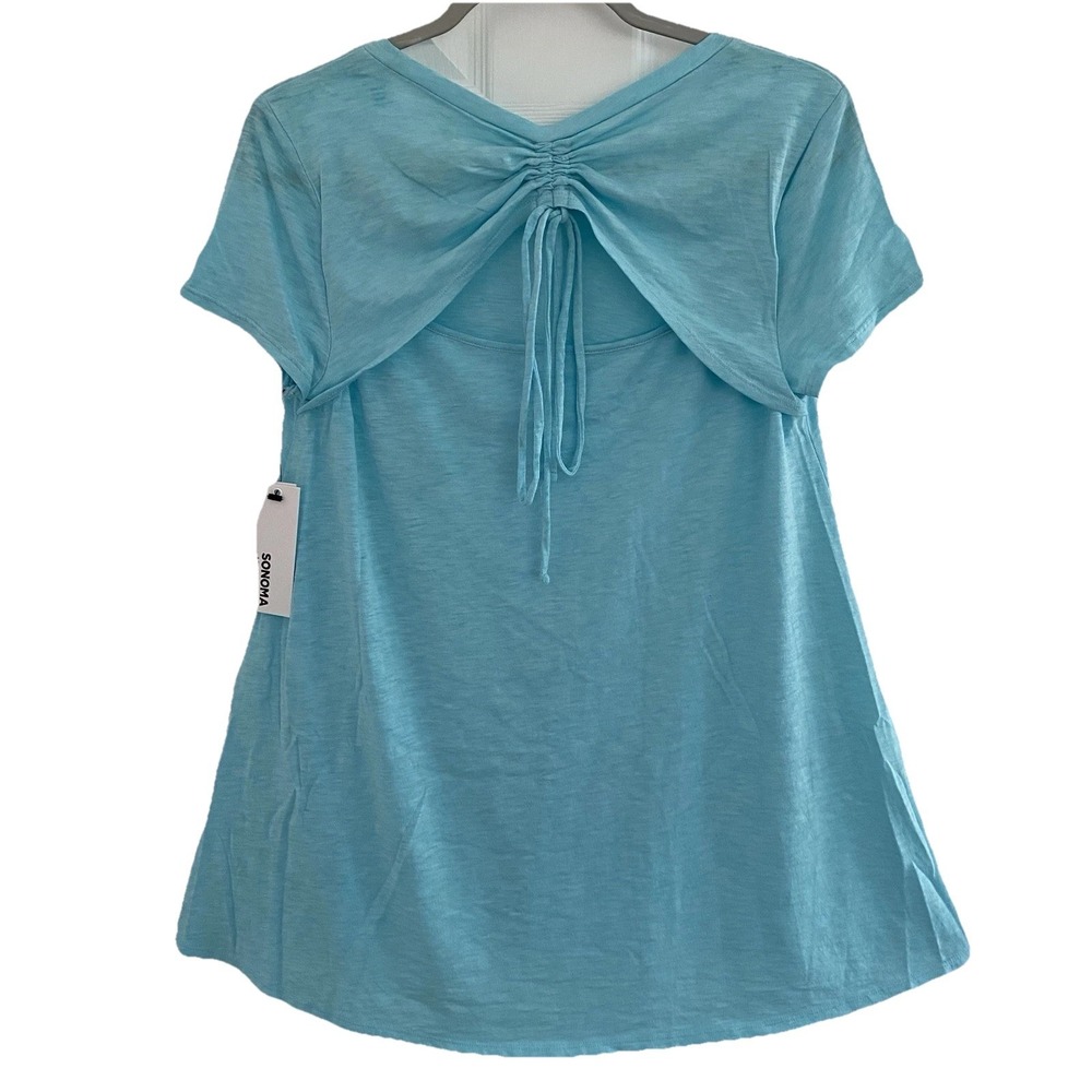 Sonoma Women Top Small S Short Sleeve Blue Knit Open Back Tunic
